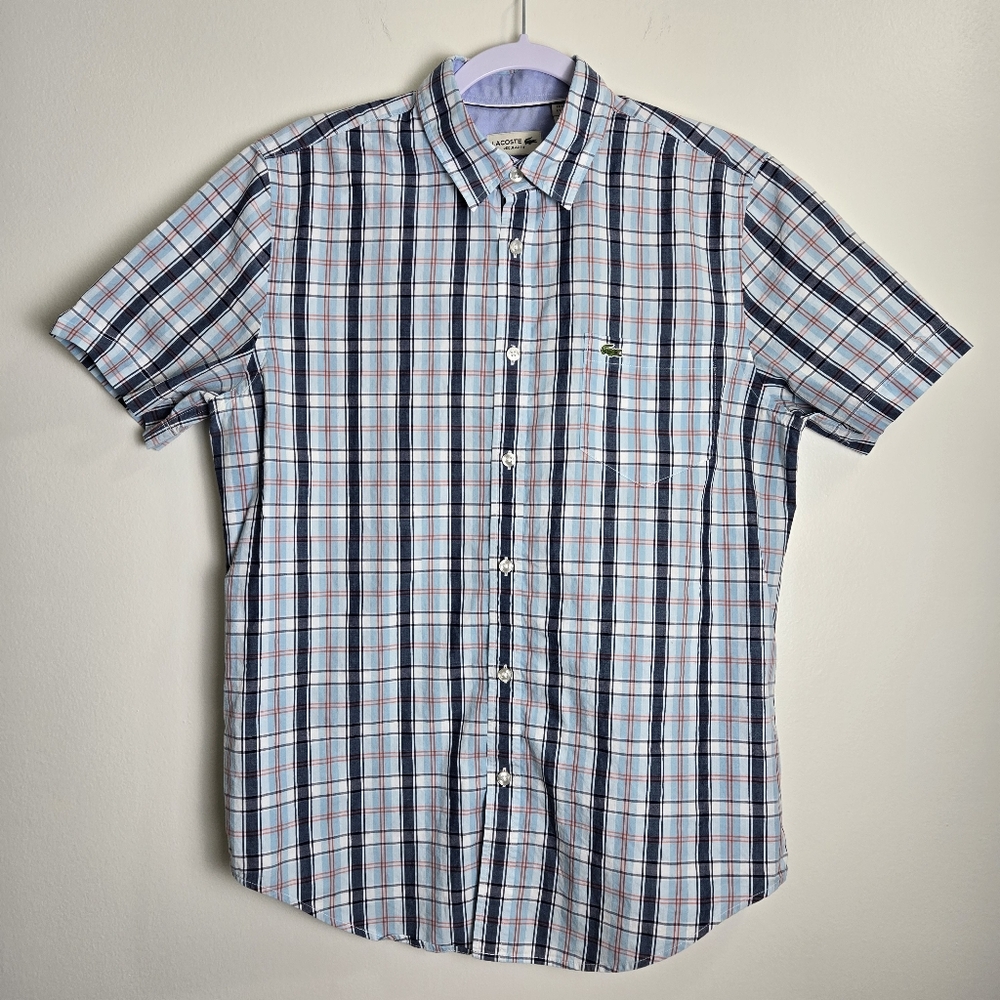 LACOSTE Classic Blue Plaid Button Up Short Sleeve Regular Fit Shirt M
